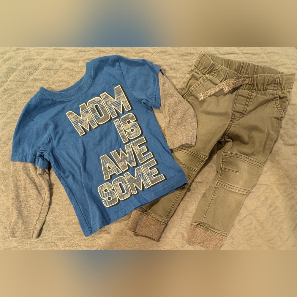 2T Kids Tan Jogger Pants And Mom Shirt